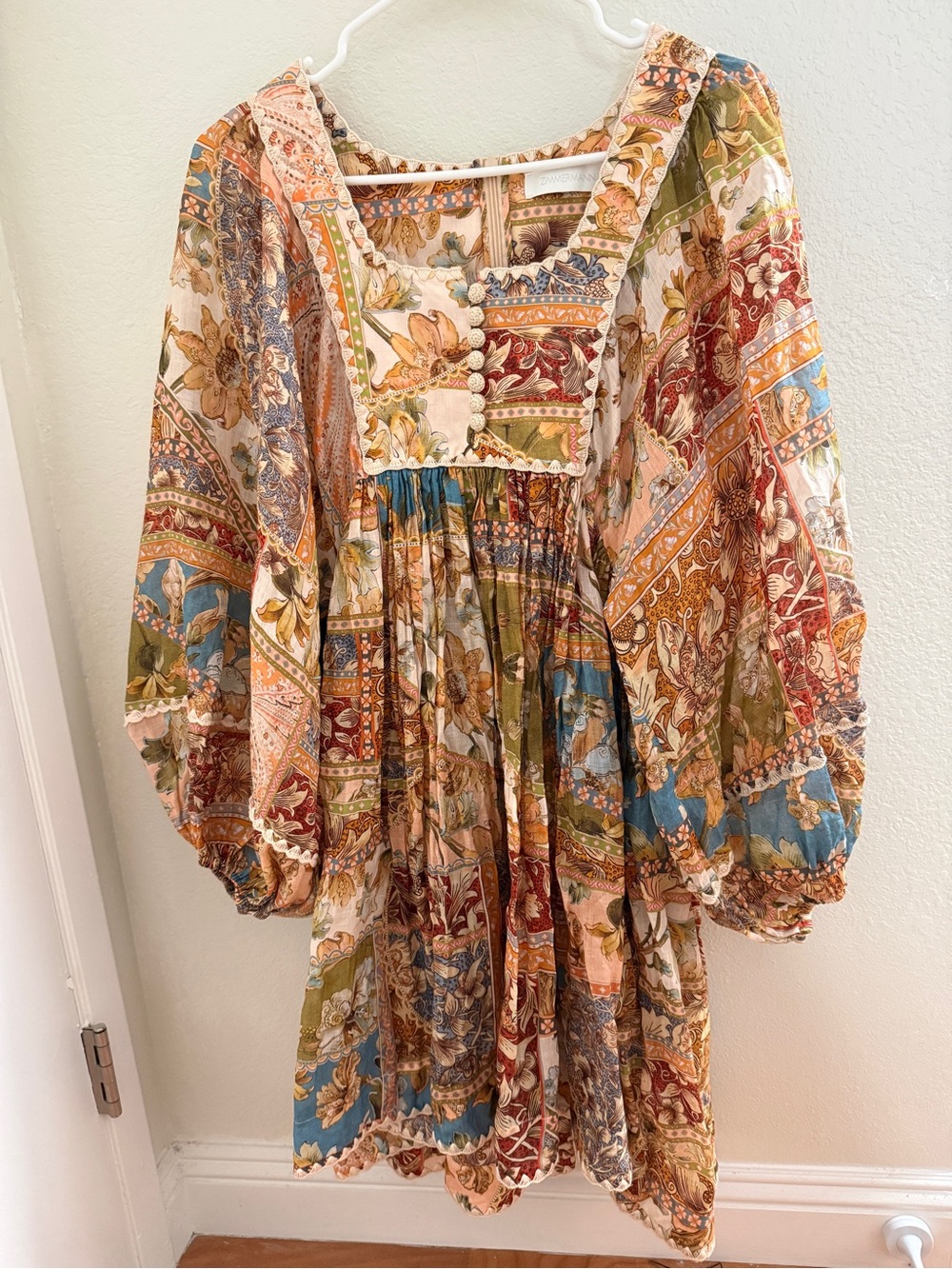Zimmermann Multicolor Patchwork Floral Mini Dress in Cream, Blue & Olive